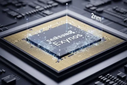 Samsung Exynos 2600 chipset with 2nm architecture, close-up image showing microchip details and circuit design