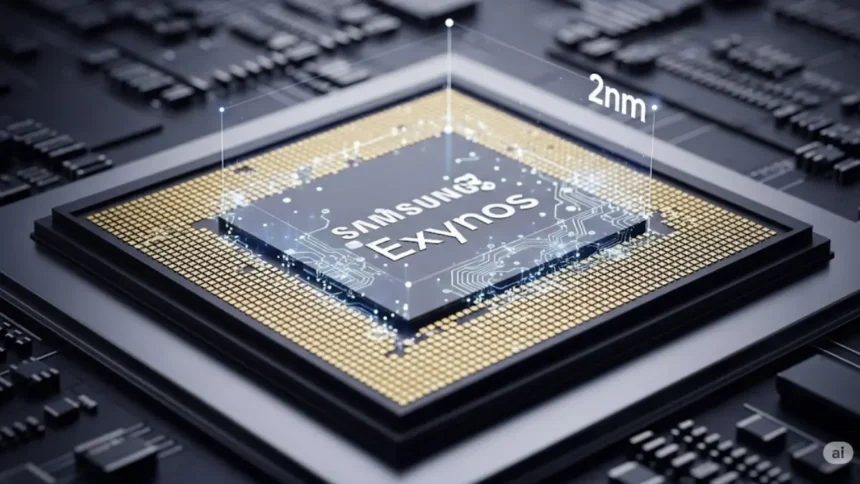 Samsung Exynos 2600 chipset with 2nm architecture, close-up image showing microchip details and circuit design