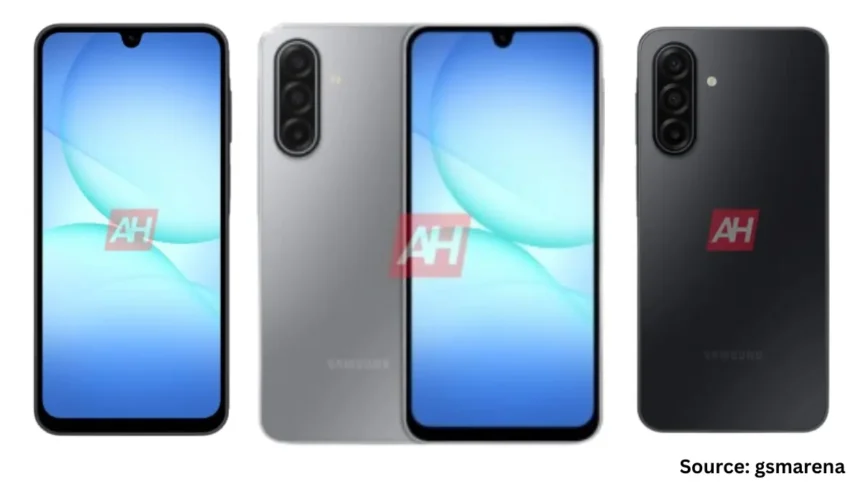 Samsung Galaxy A17 5G के लीक हुए रेंडर्स, जिसमें डुअल-टोन फ्रंट वॉटरड्रॉप नॉच और ट्रिपल रियर कैमरा डिज़ाइन दो कलर वेरिएंट्स – ग्रे और ब्लैक में दिखाए गए हैं