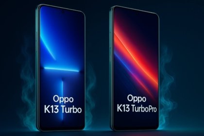 Oppo K13 Turbo और K13 Turbo Pro स्मार्टफोन्स का 3D रेंडर, डार्क बैकग्राउंड में ग्लोइंग एजेस और AMOLED डिस्प्ले के साथ