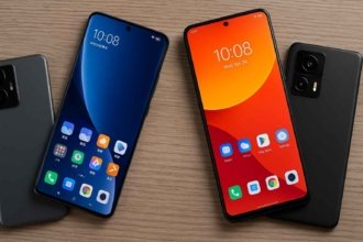 Redmi Note 15 Pro+ और iQOO Z10 जैसे दिखने वाले दो स्मार्टफोन लकड़ी की सतह पर रखे हैं, एक में कर्व्ड ब्लू डिस्प्ले और दूसरे में फ्लैट रेड-ऑरेंज स्क्रीन है, दोनों के रियर कैमरा मॉड्यूल साफ़ दिख रहे हैं।