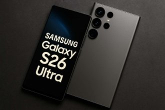 Samsung Galaxy S26 Ultra स्मार्टफोन का रेंडर जिसमें फ्रंट डिस्प्ले और रियर कैमरा सेटअप दिखाया गया है, प्रीमियम डिज़ाइन के साथ.