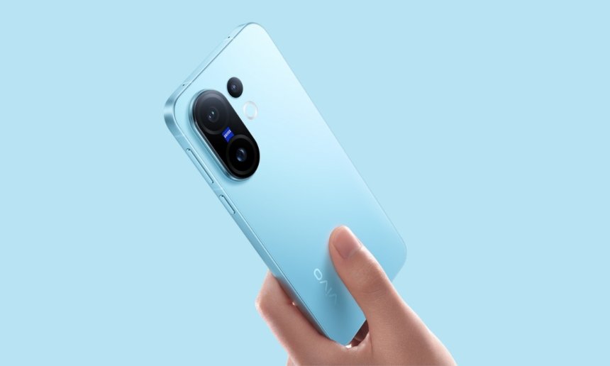 Vivo X200 FE स्मार्टफोन का Zeiss कैमरा सेटअप और स्लिम डिजाइन, हाथ में पकड़ा हुआ - नीले बैकग्राउंड पर