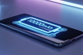 10000mAh बैटरी वाले स्लिम स्मार्टफोन का फ्यूचरिस्टिक डिजाइन, ग्लोइंग बैटरी आइकन और हाई-टेक बैकग्राउंड के साथ