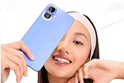 Infinix Smart 10 smartphone in blue color held by a smiling woman