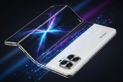 Huawei Mate XTs tri-fold smartphone in white color with glowing futuristic display and quad rear camera