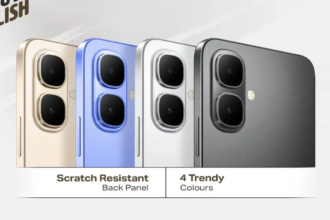 Infinix Smart 10 smartphone showcasing its scratch-resistant back panel in four trendy colours – Gold, Blue, Silver, and Black – with dual rear cameras