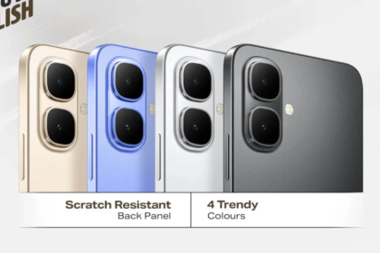Infinix Smart 10 smartphone showcasing its scratch-resistant back panel in four trendy colours – Gold, Blue, Silver, and Black – with dual rear cameras