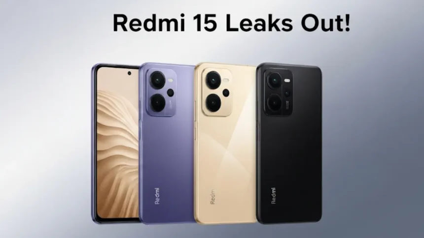 Redmi 15 leaked renders showing purple, gold, and black color options with triple camera design