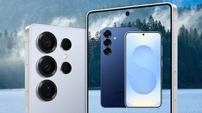 Samsung Galaxy S सीरीज़ के आगामी स्मार्टफोन्स का प्रोमोशनल रेंडर, जिसमें ट्रिपल और क्वाड रियर कैमरा सेटअप के साथ प्रीमियम डिजाइन और पंच-होल डिस्प्ले दिखाई दे रहा है, संभवतः Galaxy S26 सीरीज़ के Pro, Edge और Ultra वेरिएंट्स।
