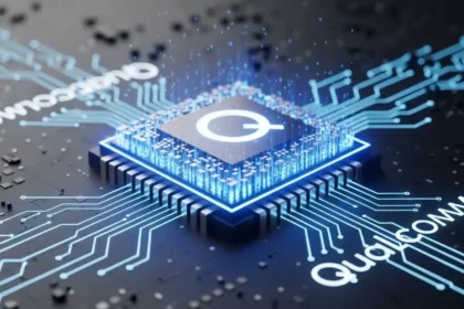 Qualcomm का नया हाई-एंड SM8845 चिपसेट, ब्लू और सिल्वर लाइट्स के साथ फ्यूचरिस्टिक सर्किट बोर्ड पर