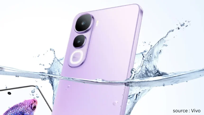 Vivo Y400 स्मार्टफोन पर्पल कलर में, पानी के छींटों के बीच IP68+IP69 वाटर रेसिस्टेंस दिखाते हुए – स्रोत: Vivo