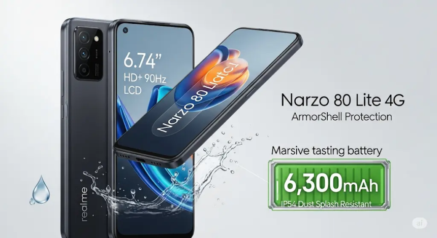 Realme Narzo 80 Lite 4G: Realme Narzo 80 Lite 4G स्मार्टफोन की एक विस्तृत छवि, जिसमें इसका बड़ा 6.74-इंच HD+ 90Hz LCD डिस्प्ले, IP54 धूल और स्प्लैश प्रतिरोध, आर्मरशेल प्रोटेक्शन, और एक विशाल 6,300mAh बैटरी दिखाई गई है। इसमें फोन का स्लीक, टिकाऊ डिज़ाइन भी प्रदर्शित किया गया है।