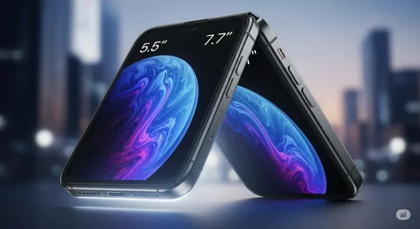 Apple का पहला Foldable iPhone लीक इमेज, जिसमें दिख रहा है 5.5-इंच बाहरी और 7.7-इंच इनर डिस्प्ले वाला डुअल स्क्रीन डिजाइन