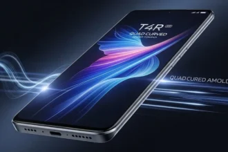 Vivo T4R 5G का क्वाड कर्व्ड AMOLED डिस्प्ले वाला फ्रंट लुक – 5G फोन का प्रीमियम डिजाइन और फ्यूचरिस्टिक UI ग्राफिक्स