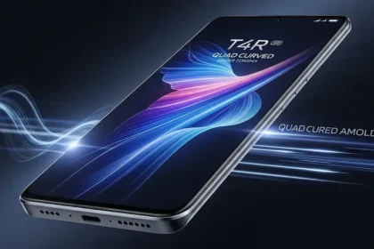 Vivo T4R 5G का क्वाड कर्व्ड AMOLED डिस्प्ले वाला फ्रंट लुक – 5G फोन का प्रीमियम डिजाइन और फ्यूचरिस्टिक UI ग्राफिक्स