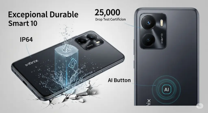 Infinix Smart 10 स्मार्टफोन की एक पेशेवर उत्पाद छवि, जिसमें इसकी IP64 रेटिंग और 25,000 ड्रॉप टेस्ट सर्टिफिकेशन के साथ इसकी असाधारण मजबूती पर जोर दिया गया है। छवि में एक समर्पित AI बटन भी दिखाया गया है, जो इसकी टिकाऊ बिल्ड क्वालिटी और उन्नत AI फीचर्स को दर्शाता है।