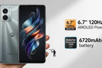 Motorola Moto G86 Power स्मार्टफोन की एक उच्च-गुणवत्ता वाली छवि, जिसमें इसका स्लीक डिज़ाइन, बड़ा 6.7-इंच 120Hz AMOLED डिस्प्ले, और शक्तिशाली 6720mAh की बैटरी दिखाई गई है, साथ ही MediaTek Dimensity 7400 SoC के साथ इसकी दमदार परफॉर्मेंस पर भी जोर दिया गया है।