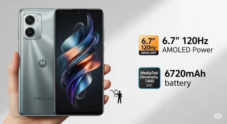 Motorola Moto G86 Power स्मार्टफोन की एक उच्च-गुणवत्ता वाली छवि, जिसमें इसका स्लीक डिज़ाइन, बड़ा 6.7-इंच 120Hz AMOLED डिस्प्ले, और शक्तिशाली 6720mAh की बैटरी दिखाई गई है, साथ ही MediaTek Dimensity 7400 SoC के साथ इसकी दमदार परफॉर्मेंस पर भी जोर दिया गया है।