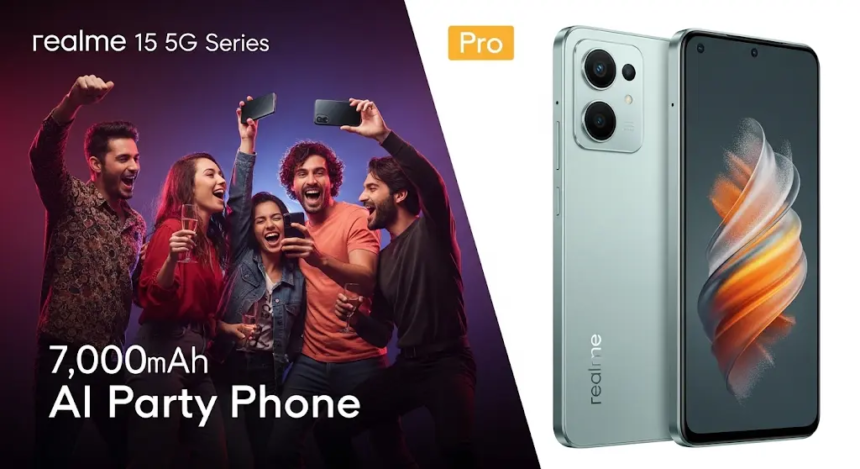 Realme 15 5G Series स्मार्टफोन की एक आधुनिक और प्रीमियम डिज़ाइन वाली छवि, जिसमें AI-पावर्ड एडिटिंग फीचर्स, ट्रिपल रियर कैमरा सेटअप और एक बड़ी 7,000mAh बैटरी दिखाई गई है, जिसमें प्रो वेरिएंट के 'AI पार्टी फोन' पहलू पर जोर दिया गया है।