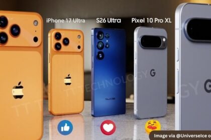 Leaked concept designs of iPhone 17 Ultra, Galaxy S26 Ultra, and Pixel 10 Pro XL smartphones shown side by side with comparison icons. Image credit: @UniverseIce via Weibo