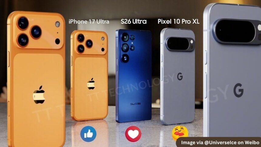 Leaked concept designs of iPhone 17 Ultra, Galaxy S26 Ultra, and Pixel 10 Pro XL smartphones shown side by side with comparison icons. Image credit: @UniverseIce via Weibo