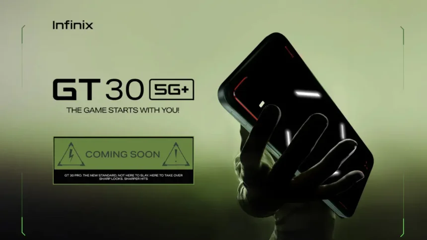 Infinix GT 30 5G+ teaser with LED gaming design and tagline The Game Starts With You