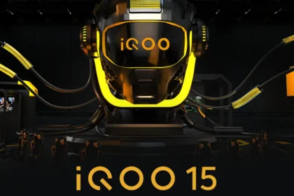 iQOO 15 official teaser poster showcasing futuristic robot-themed design with yellow lighting and iQOO branding