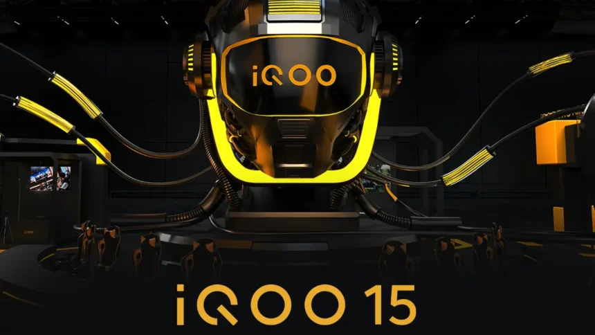 iQOO 15 official teaser poster showcasing futuristic robot-themed design with yellow lighting and iQOO branding