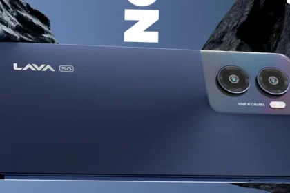 Lava smartphone with dual rear cameras and 5G branding in blue color featuring 50MP AI camera