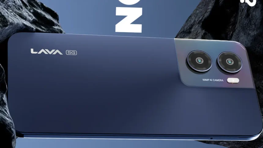 Lava smartphone with dual rear cameras and 5G branding in blue color featuring 50MP AI camera