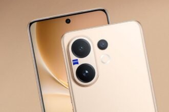 Vivo V60 5G smartphone in gold color featuring Zeiss-branded dual rear camera and punch-hole display