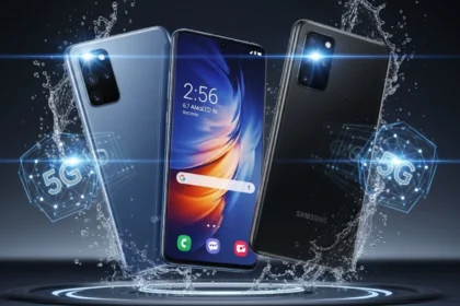 Samsung Galaxy A17 5G smartphone showcasing its 6.7-inch AMOLED display, triple rear camera, 5G branding, and water splash effect in blue and black colors