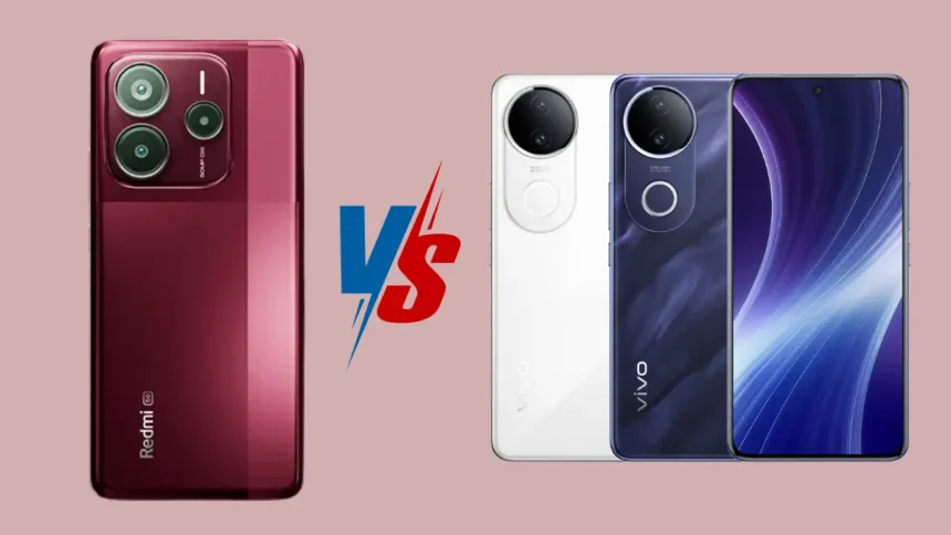 Redmi Note 14 SE 5G vs Vivo T4R 5G design comparison – rear and front view showcasing camera module and display style