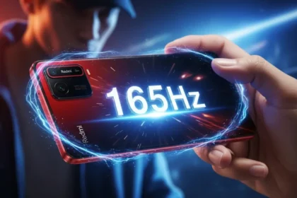 Gamer holding high refresh rate mobile phone with glowing effects