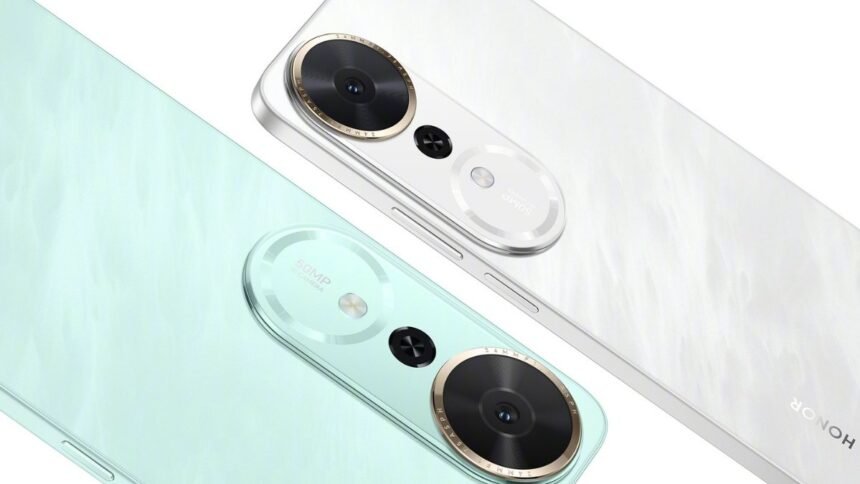 Honor Play 70 Plus का रियर पैनल जिसमें 50MP कैमरा सेटअप और ग्लॉसी बैक फिनिश Jade Green और White कलर वेरिएंट में दिख रहा है।