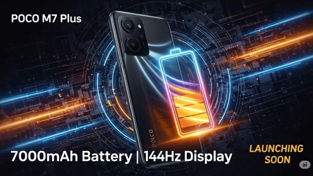 Poco M7 Plus smartphone teaser with 7000mAh battery and 144Hz display, black dual-camera phone with Launching Soon text