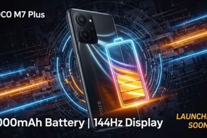 Poco M7 Plus smartphone teaser with 7000mAh battery and 144Hz display, black dual-camera phone with Launching Soon text