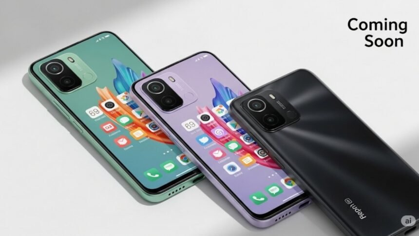 Redmi 15C 5G leak image showing 6.9-inch display, dual rear cameras, and three color variants – Green, Lavender, and Black
